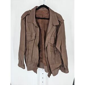 Vintage 1980s Mens Sz XXL Zip Up Leather Bomber Coat Brown w/ Chest Pockets